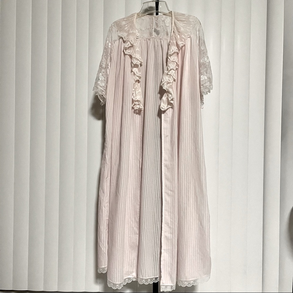 !SOLD! Vintage Pink Striped Long Robe with Lace Sleeves & Ruffle Trim
